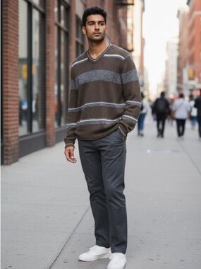 Banana Republic Lambswool Cashmere Knit V-Neck Striped Sweater Dark Brown Grey